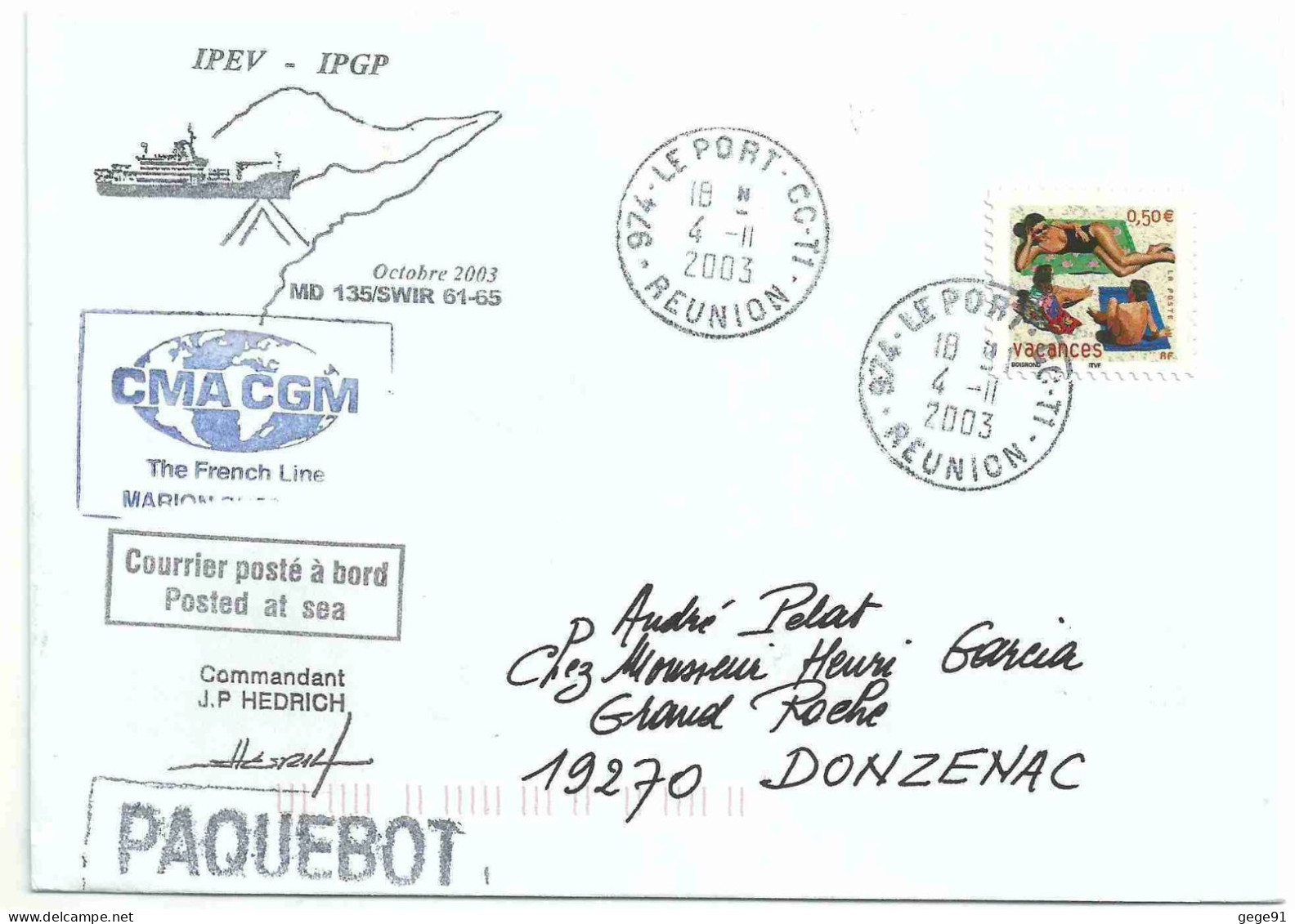 YT 3578 Vavances - Plage - Posté à Bord Du MD - Paquebot - Le Port CCT1 - 04/11/2003 - Cartas & Documentos