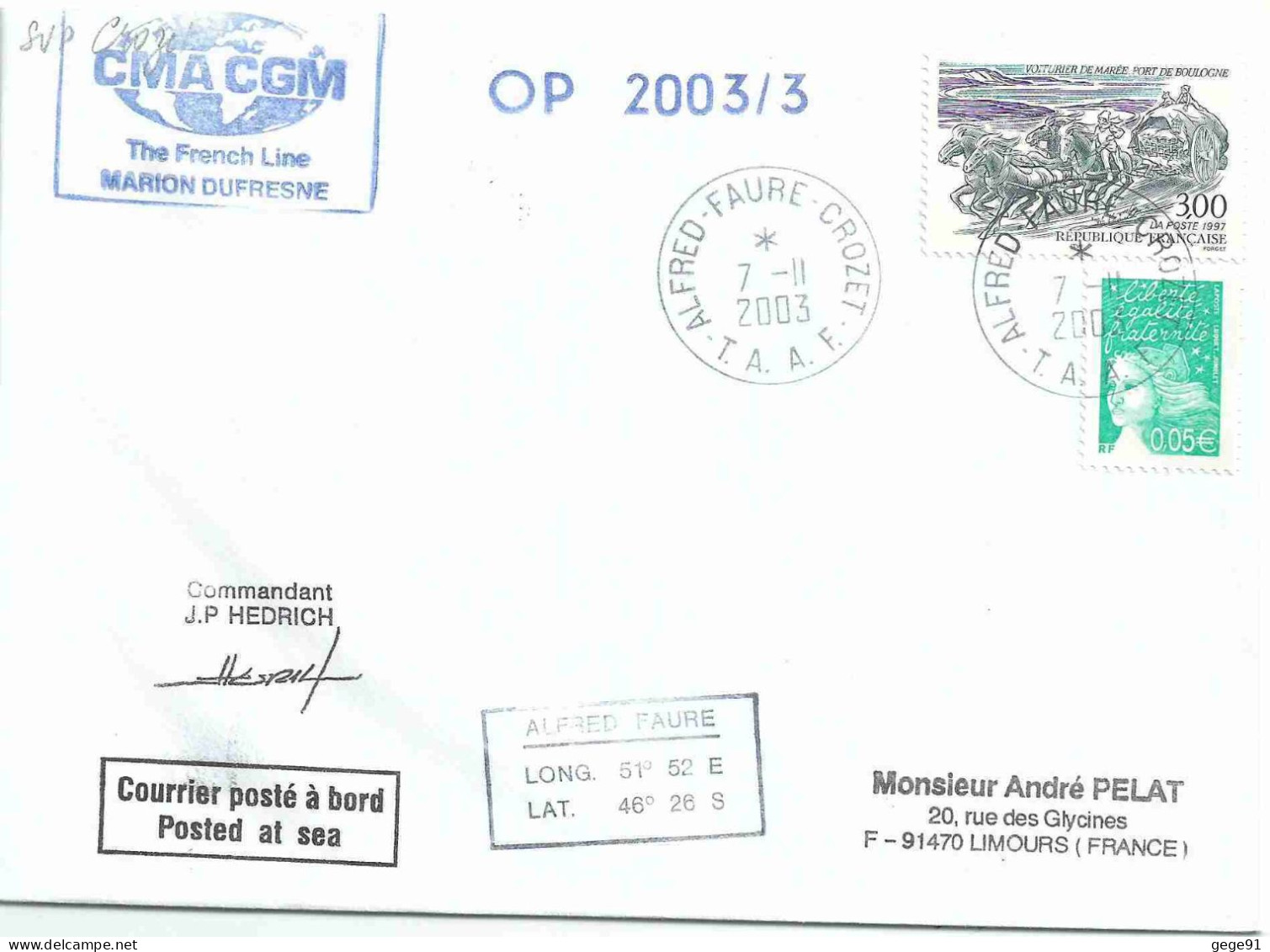 YT 3106 Voiturier à Marée - Boulogne - Postée à Bord Du MD - Alfred Faure - Crozet - 07/11/2003 - Lettres & Documents