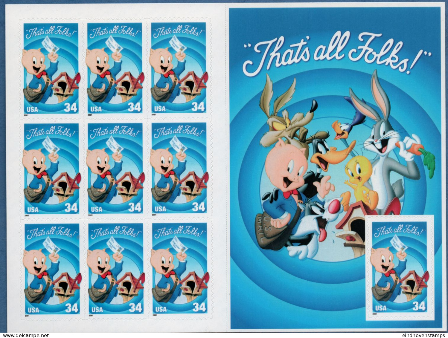 USA 2001 Porky Pig Sheetlet, Imperforated Stamp Right MNH Cartoon Bugs Bunny, Daffy Duck, Walt Disney - Fumetti