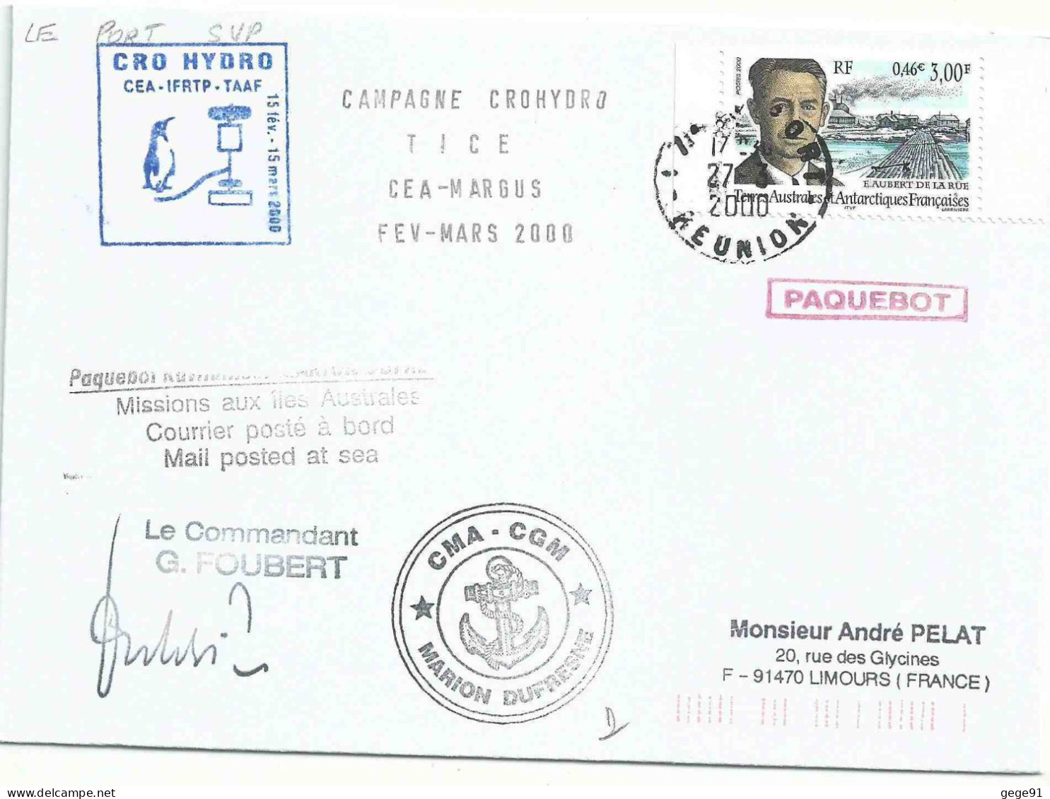 YT 276 Aubert De La Rüe - Posté à Bord Du MD - Paquebot - Le Port - La Réunion - 27/03/2000 - Cartas & Documentos