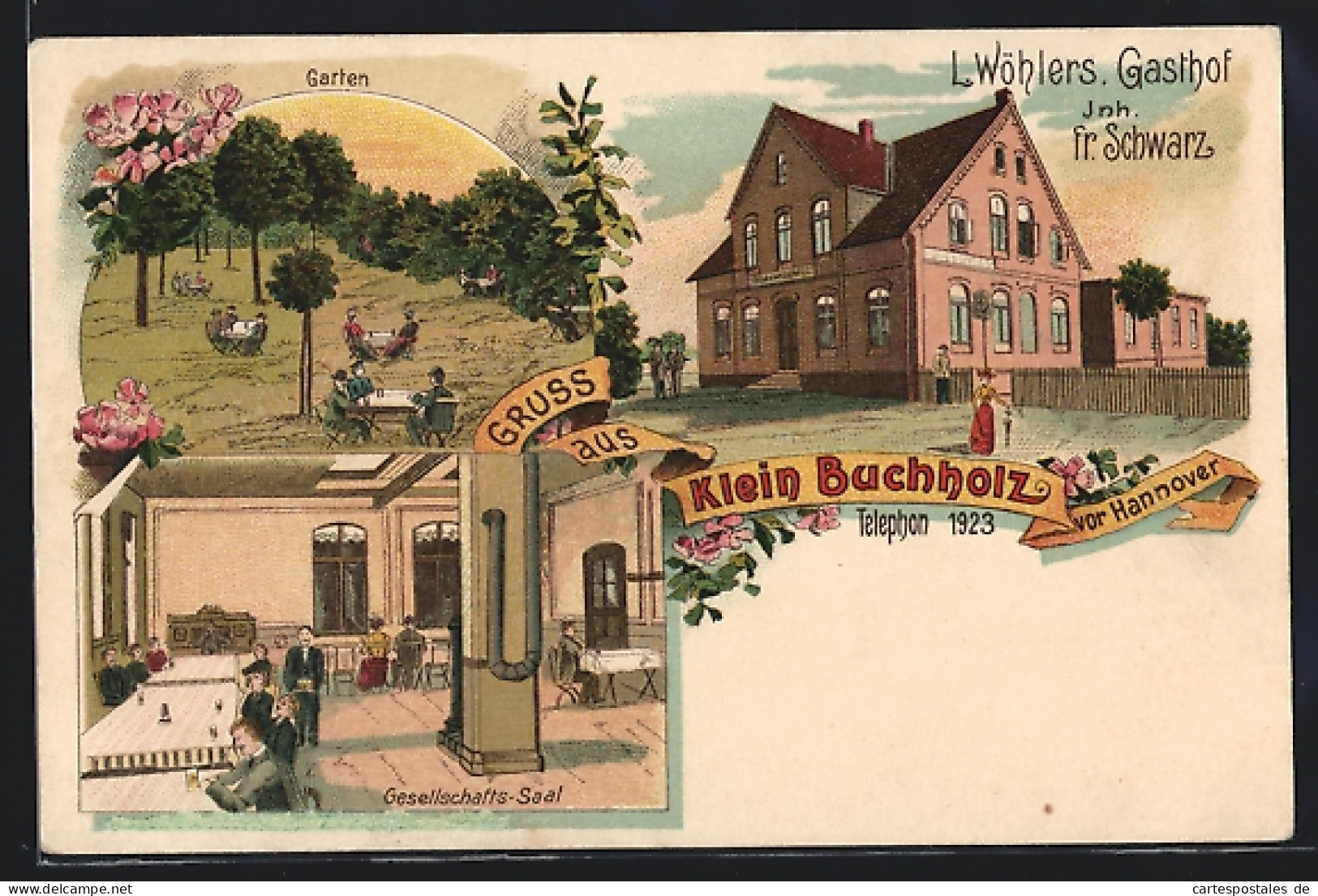 Lithographie Klein Buchholz /Hannover, L. Wöhlers Gasthof, Garten Und Gesellschafts-Saal  - Hannover
