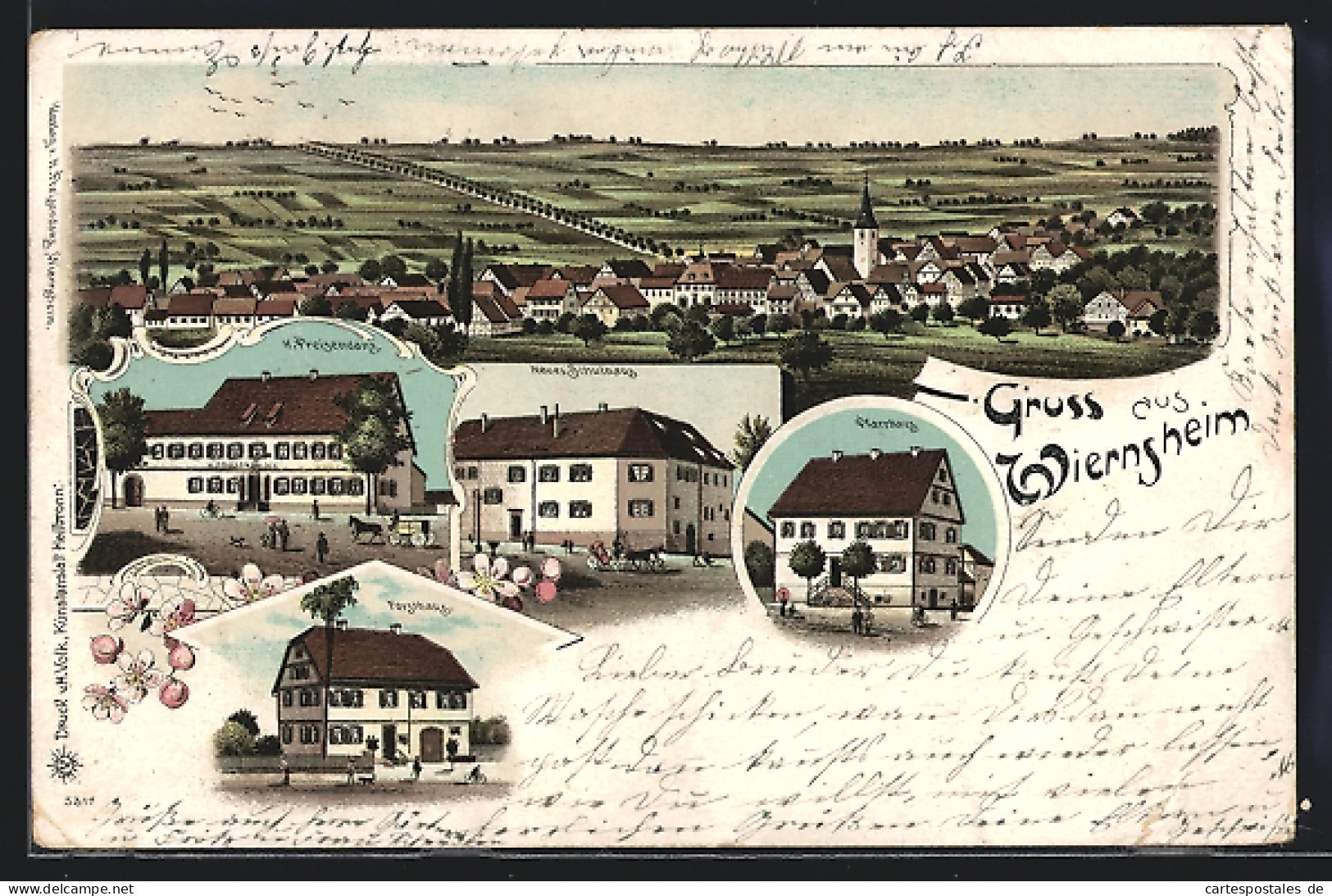 Lithographie Wiernsheim, Handlung H. Preisendanz, Pfarrhaus, Forsthaus  - Caza