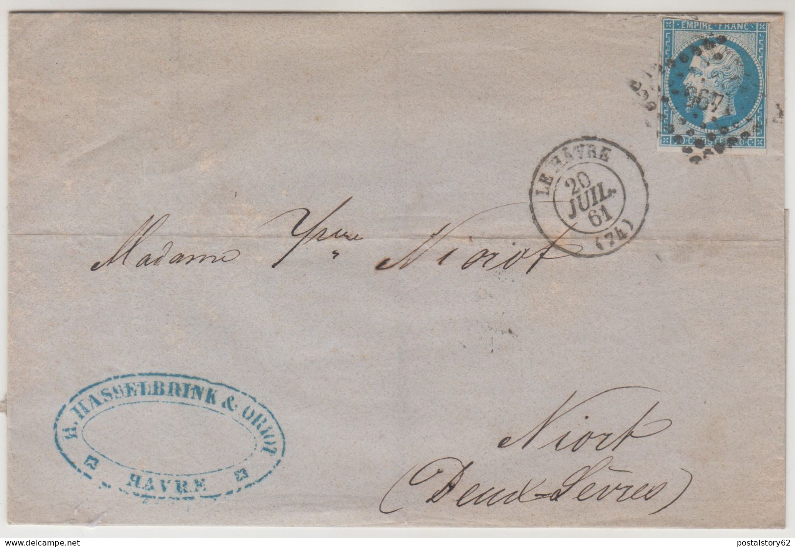 France, Le Havre To Niort. Cover 1861 - 1853-1860 Napoléon III