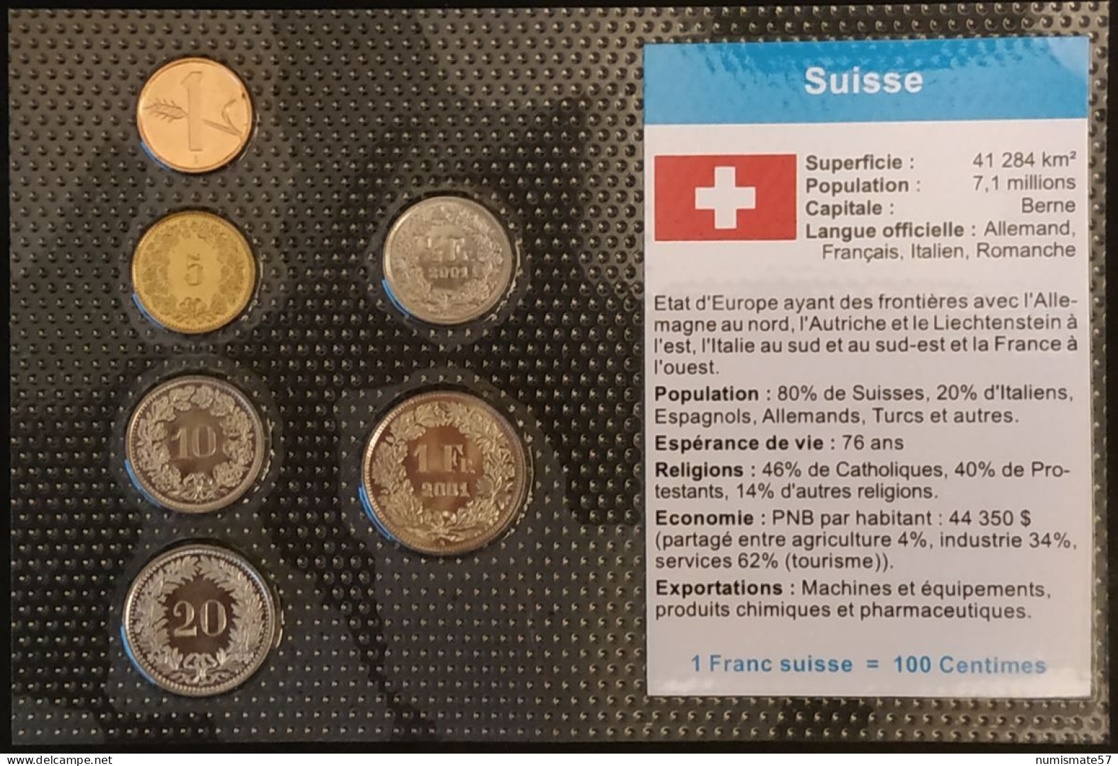 SUISSE - SWISS - SERIE DE 6 PIECES DIFFERENTES - 1 FRANC - ½ FRANC - 1 - 5 - 10 - 20 CENTIMES - 2001 - 2002 - Autres & Non Classés