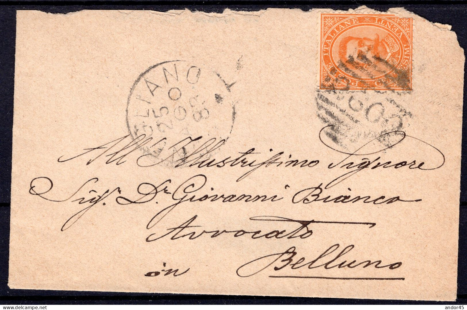 1883 25 AGO  C.20 SASS.39 "EFFIGIE DI UMBERTO I"USATO SU BUSTA DA CONEGLIANO X BELLUNO  MOLTO BELLA - Storia Postale