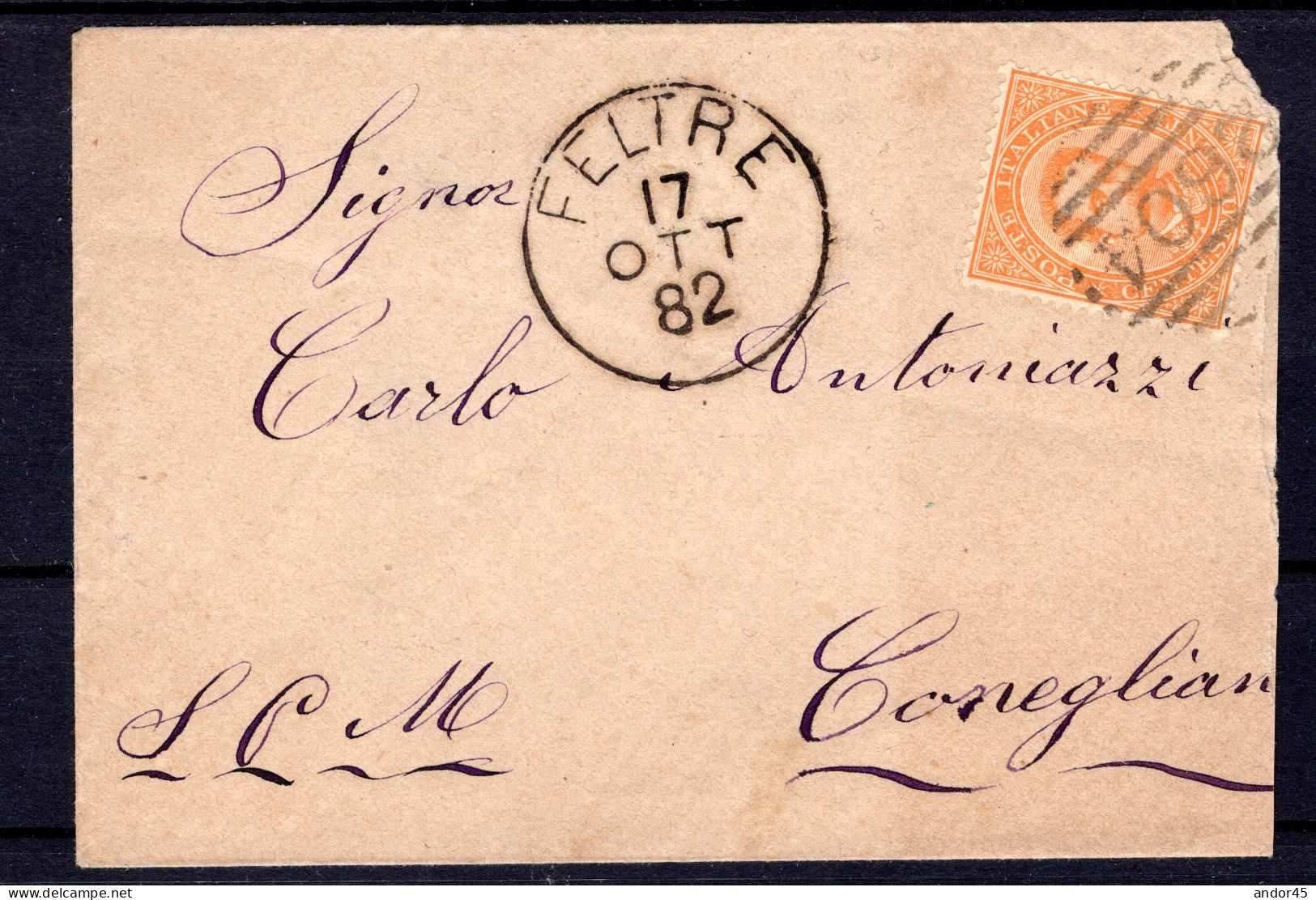 1882 17 OTT  C.20 SASS.39 "EFFIGIE DI UMBERTO I"USATO SU BUSTA DA FELTRE X CONEGLIANO  MOLTO BELLA - Storia Postale