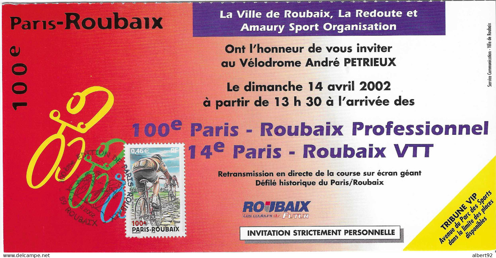 2002  Cyclisme: Centième Paris-Roubaix: Carte D'invitation Au Vélodrome D'arrivée Avec Cachet Postal - Wielrennen