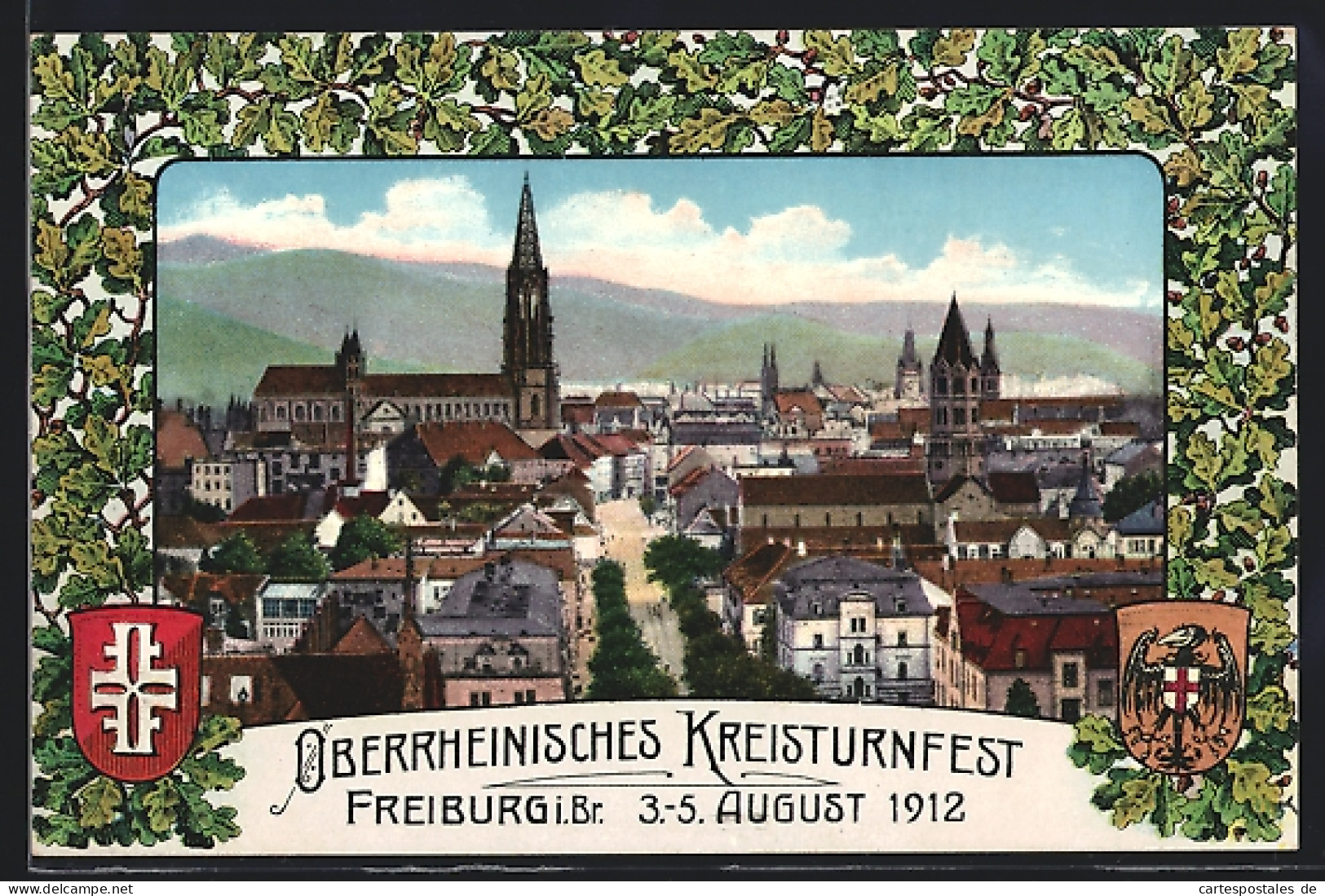 AK Freiburg I. Br., XI. Oberrheinisches Kreisturnfest 1912, Teilansicht Mit Kirche Und Strassenpartie, Wappen Des DTB  - Autres & Non Classés
