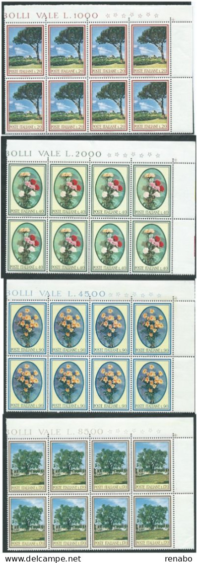 Italia 1966; Flora: Pino, Garofani, Margherite, Olivo. Serie Completa In Blocchi D’ Angolo X 8 Francobolli =:2 Quartine - Blocks & Sheetlets