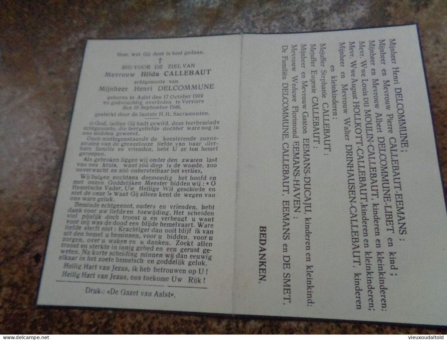Doodsprentje/Bidprentje  Hilda CALLEBAUT   Aalst 1919-1946 Verviers  (Echtg Henri DELCOMMUNE) - Autres & Non Classés