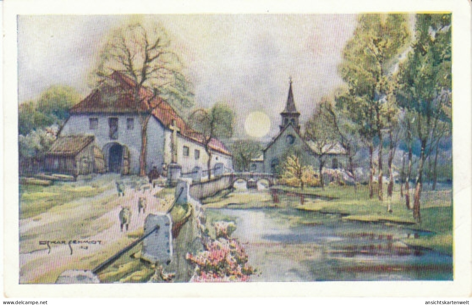 OSKAR SCHMIDT Dorf Mit Kirche Ngl #21.897 - Peintures & Tableaux