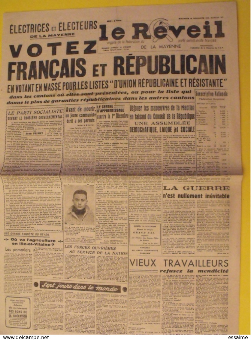 Le Réveil. Hebdo Du Parti Communiste De La Mayenne. Laval. N° 101 Du 24 Novembre 1946. Thorez Primet élections Rouault - Pays De Loire