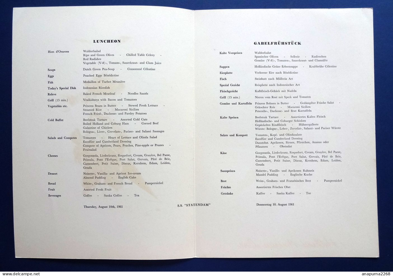 HOLLAND - AMERICA LINE.....PAQUEBOT S.S.STATENDAM.....2 MENUS   9  ET 10  AOUT 1961....LUNCH