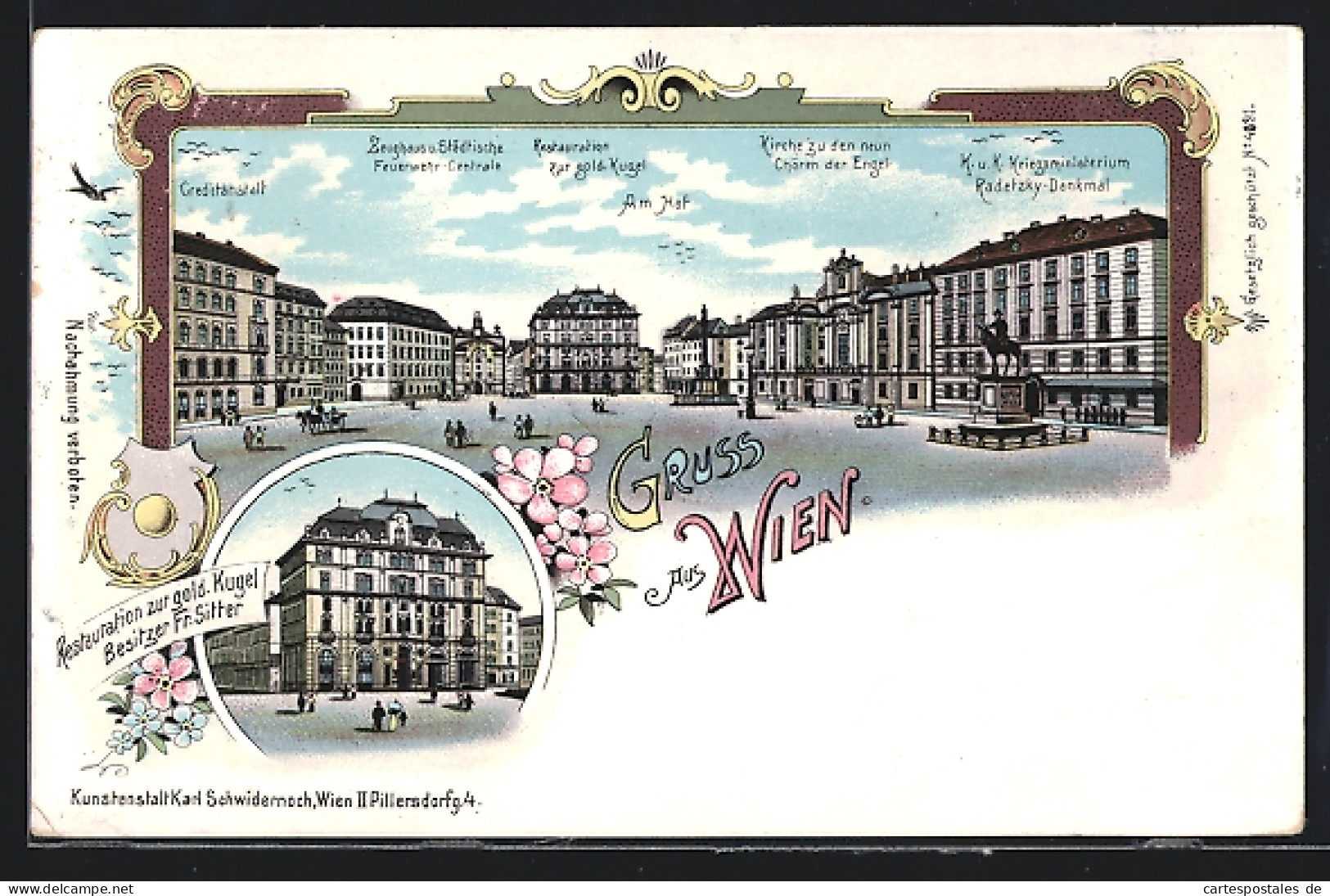 Lithographie Wien, Marktplatz Mit Restaurant Zur Goldenen Kugel, Kreditanstalt, Kriegsministerium  - Autres & Non Classés