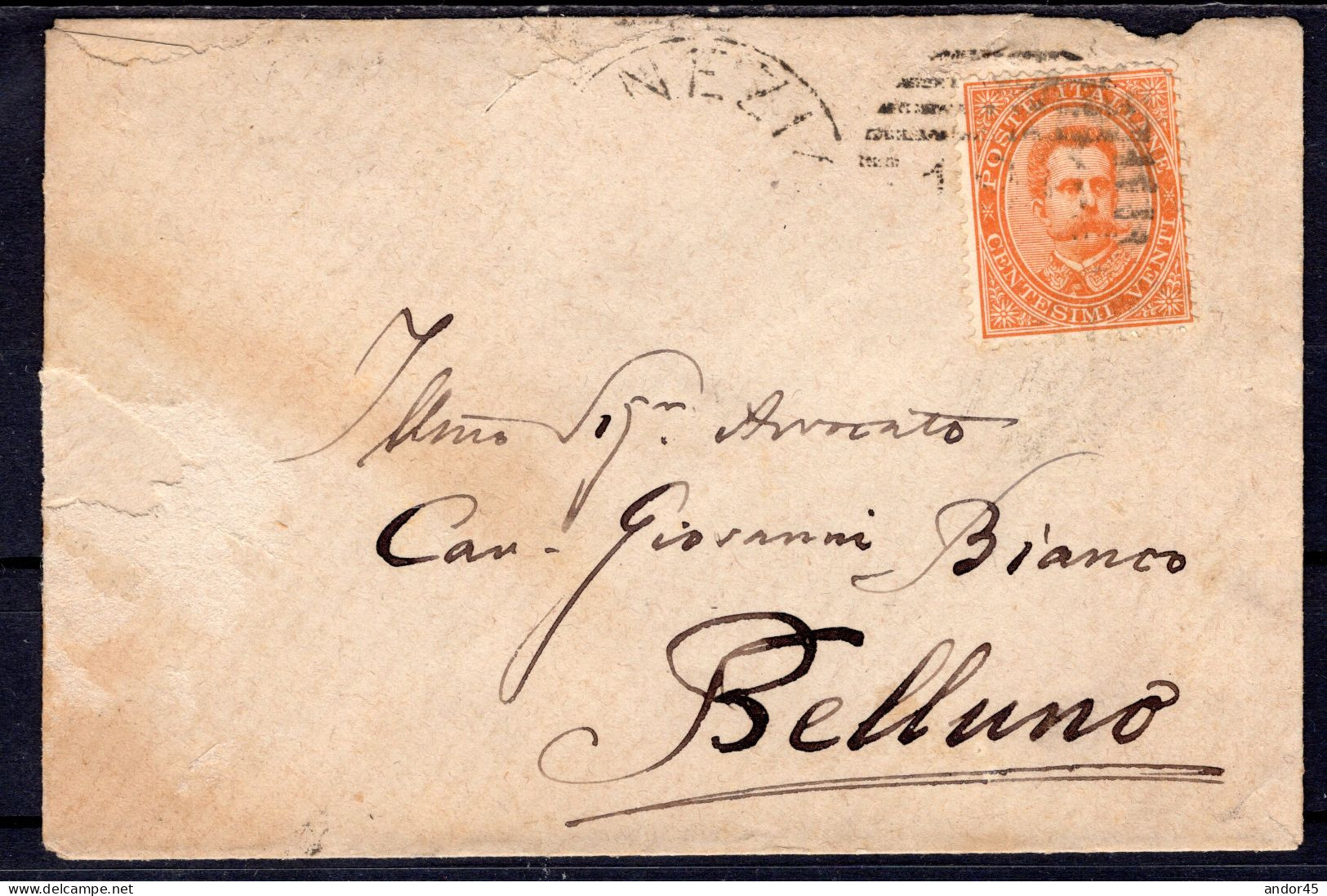 1887 19 APR  C.20 SASS.39 "EFFIGIE DI UMBERTO I"USATO SU BUSTA DA VENEZIA  X BELLUNO  MOLTO BELLA - Poststempel