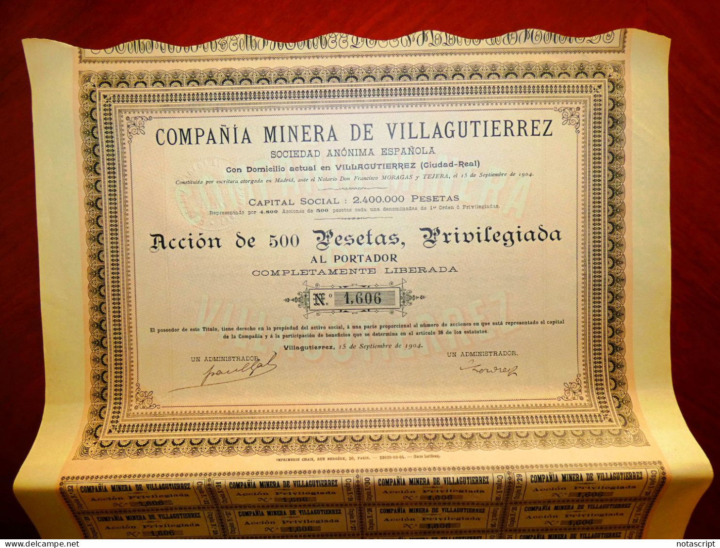 Compañía Minera De Villagutierrez , Abenójar (Ciudad Real) Spain,1904 Share Certificate - Mijnen