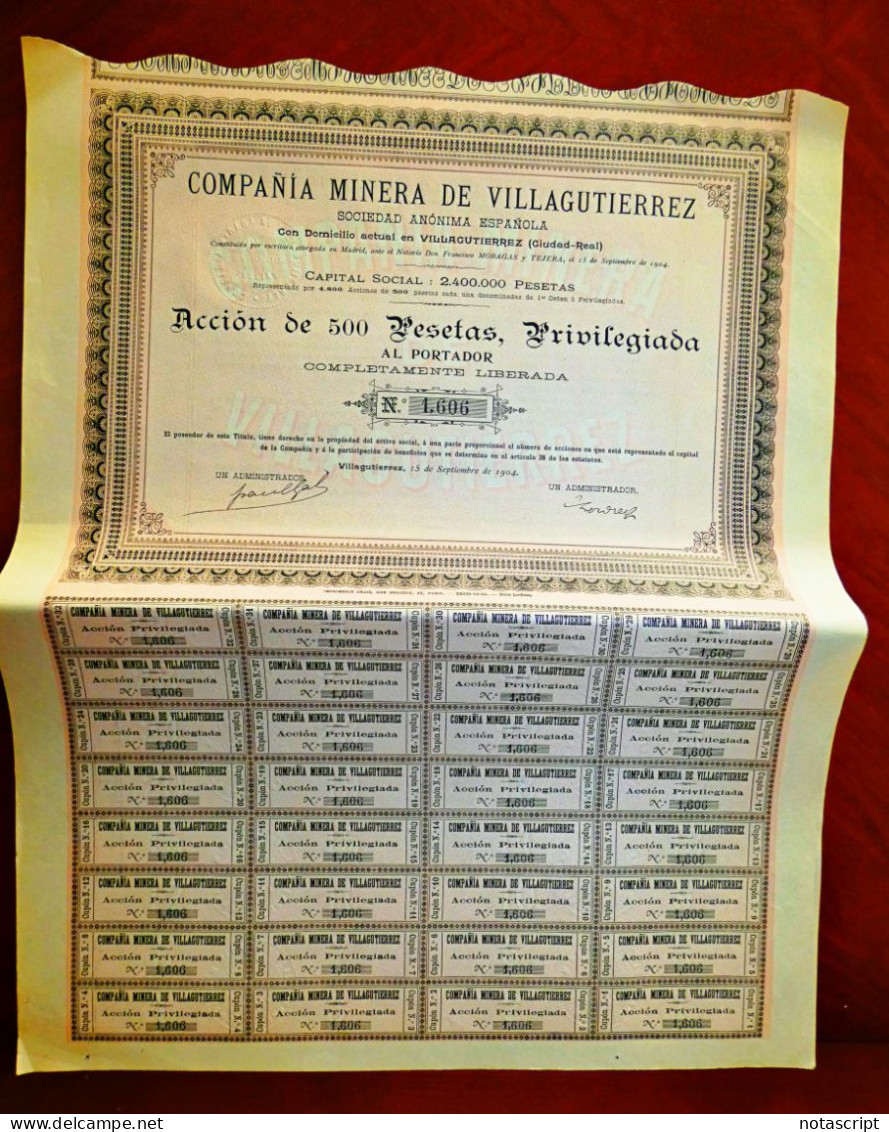 Compañía Minera De Villagutierrez , Abenójar (Ciudad Real) Spain,1904 Share Certificate - Mijnen