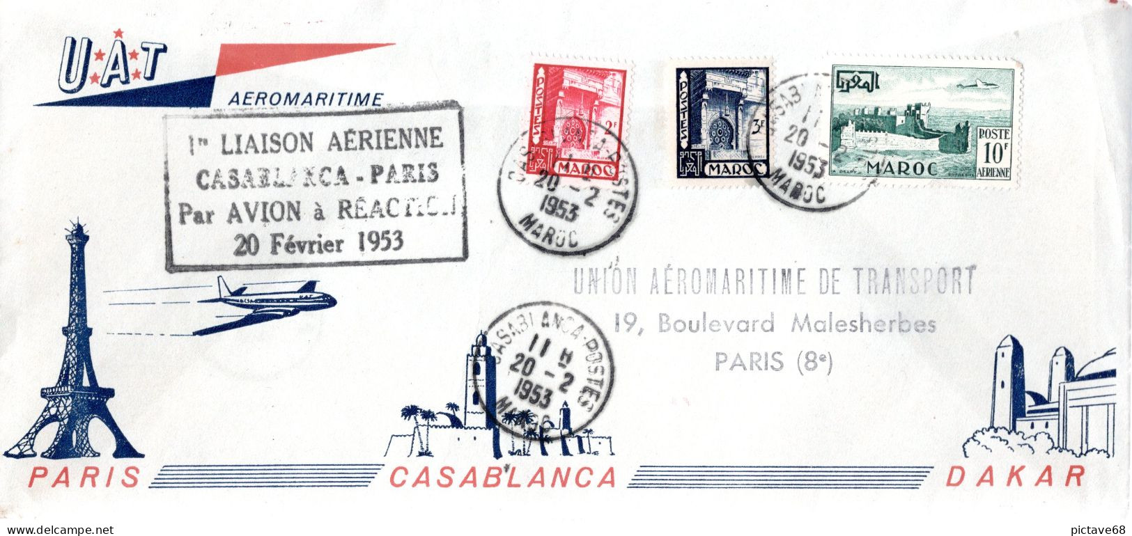 MAROC /  ENVELOPPE PREMIERE LIAISON AERIENNE CASABLANCA- PARIS LE 20 FEVRIER 1953 PAR AVION A REACTION - Cachets Commémoratifs