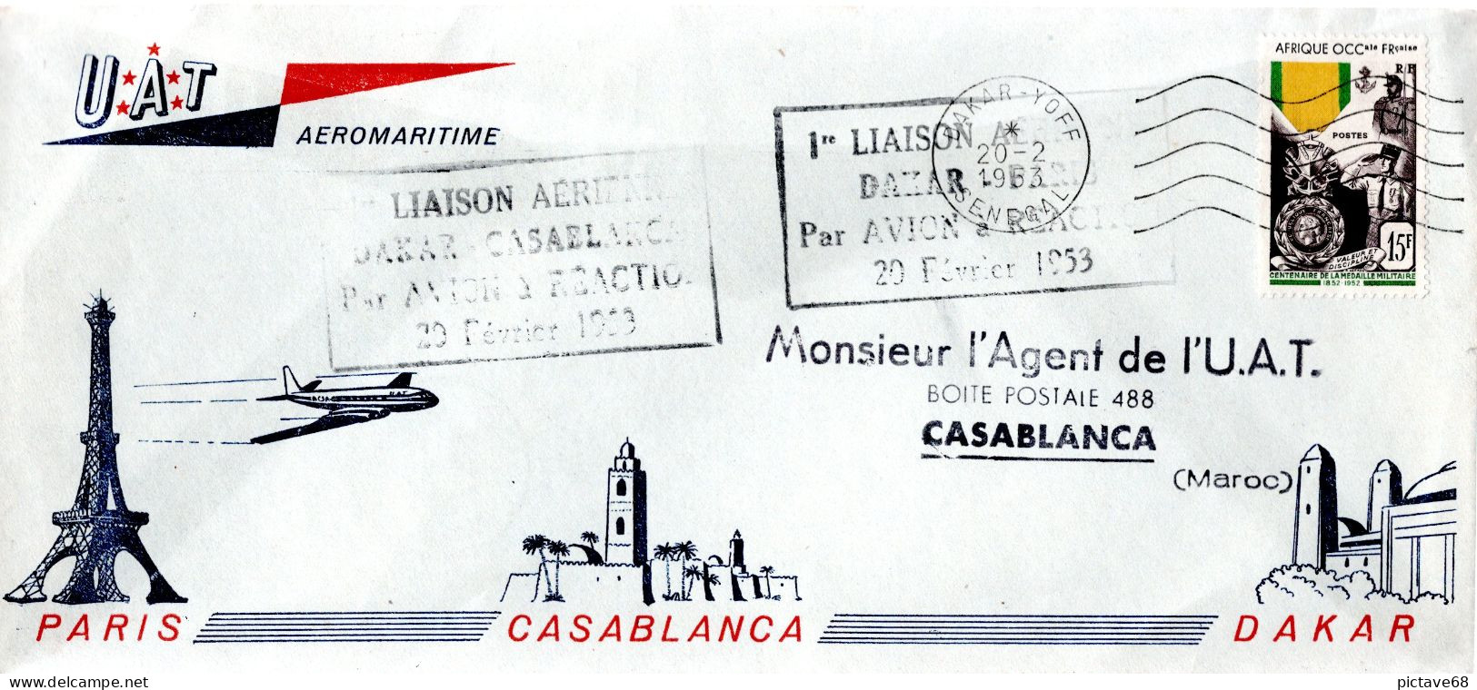 MAROC /  ENVELOPPE PREMIERE LIAISON AERIENNE DAKAR- PARIS VIA CASABLANCA LE 20 FEVRIER 1953 PAR AVION A REACTION - Matasellos Conmemorativos