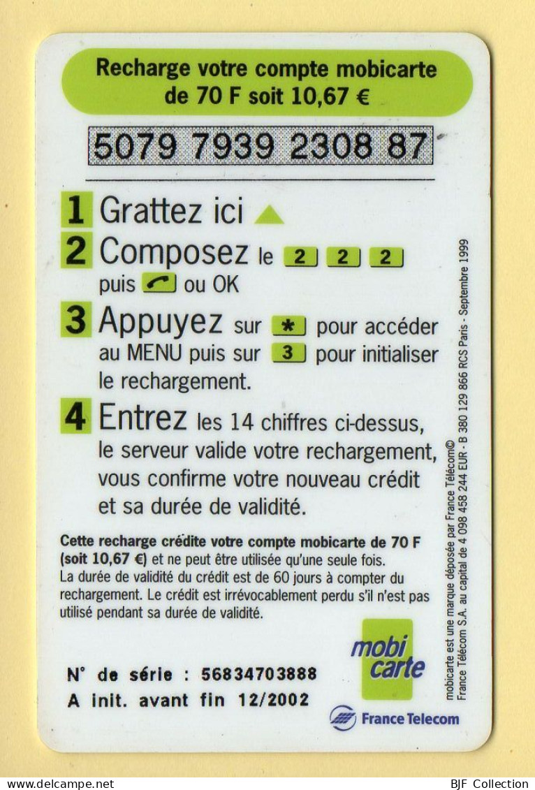 Mobicarte : Recharge 70 (Chiffres Roses) 12/2002 : France Télécom (voir Cadre Et Numérotation) - Nachladekarten (Refill)