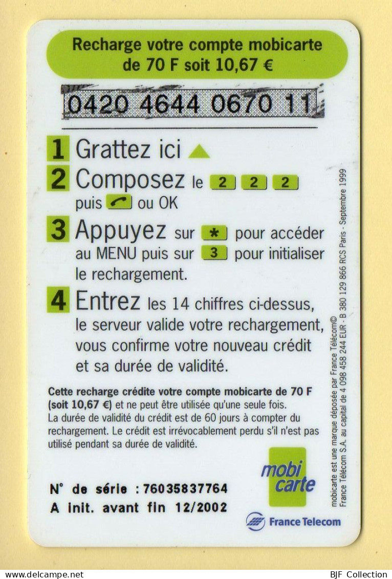 Mobicarte : Recharge 70 (Chiffres Roses) 12/2002 : France Télécom (voir Cadre Et Numérotation) - Mobicartes (recharges)