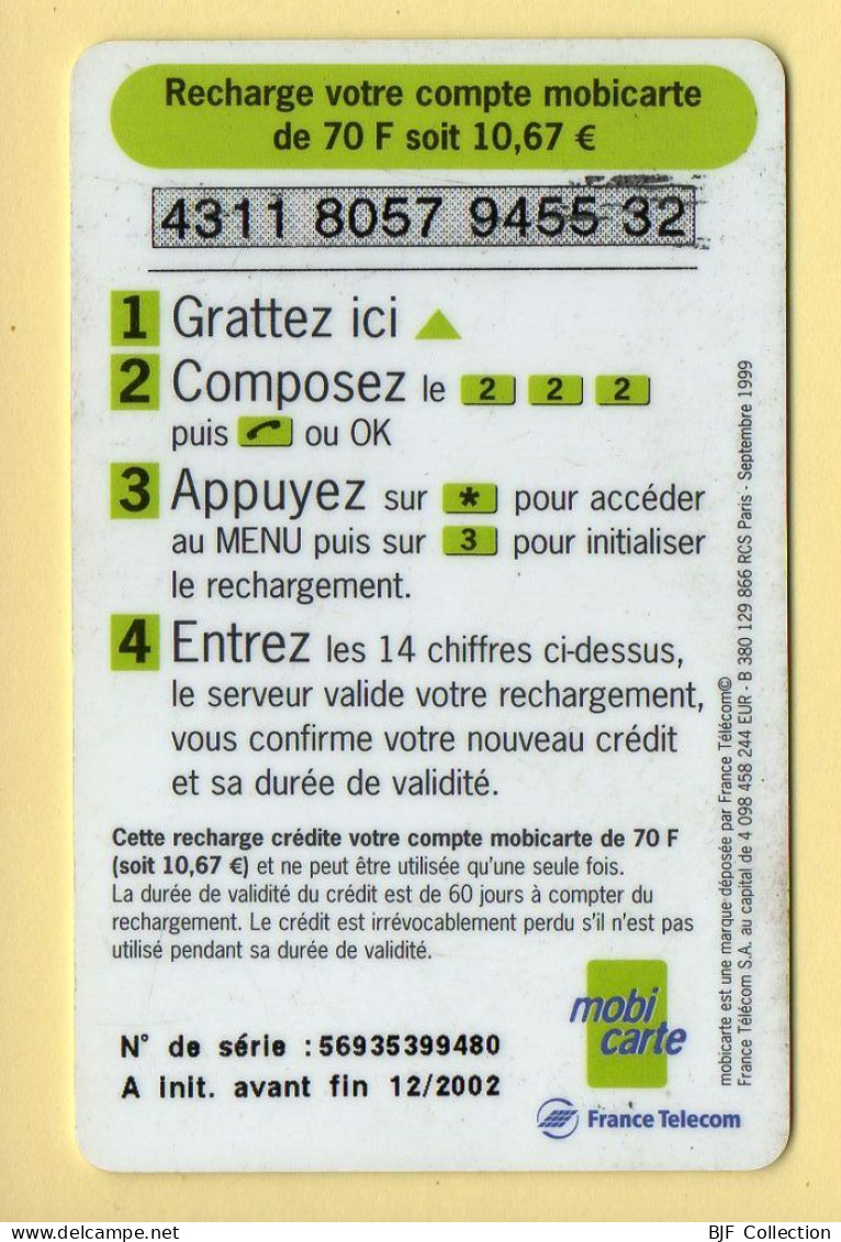 Mobicarte : Recharge 70 (Chiffres Roses) 12/2002 : France Télécom (voir Cadre Et Numérotation) - Nachladekarten (Refill)
