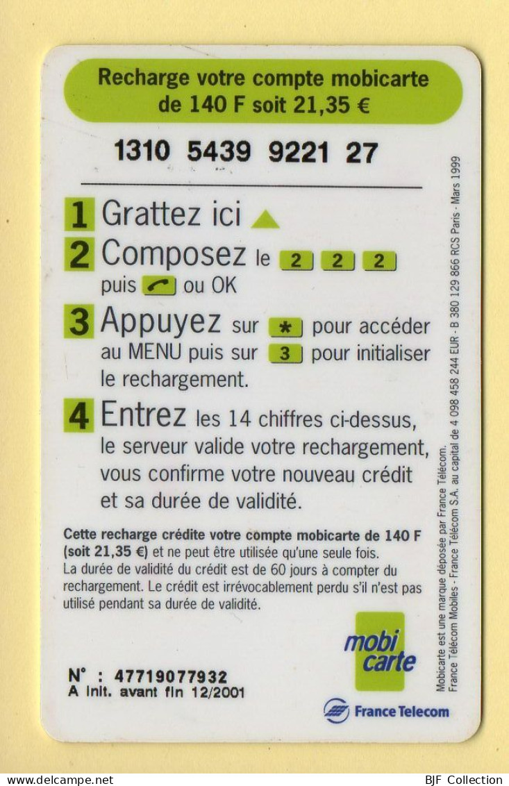 Mobicarte : Recharge 140 : France Télécom : 12/2001 (voir Cadre Et Numérotation) - Mobicartes