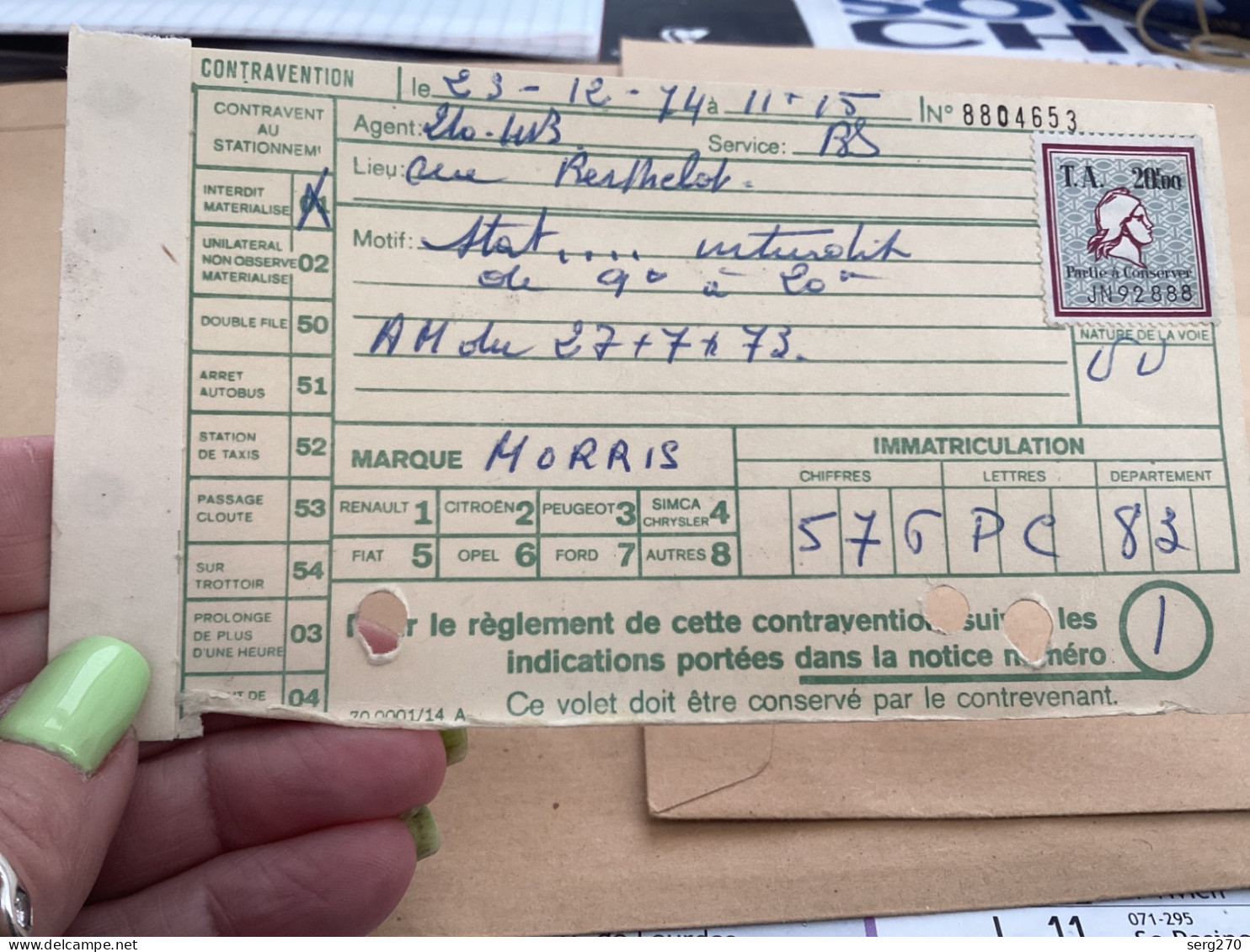 Timbre Amende.T.20 F F FISCAL. FISCAUX.Contravention Stationnement Interdit De Neuf Heures à 20h, Morris Toulon - Cartas & Documentos