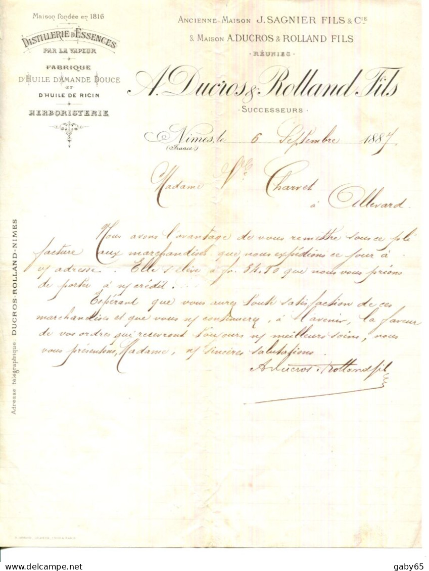 FACTURE.30.GARD.NIMES.DISTILLERIE D'ESSENCES.FABRIQUE D'UILE D'AMANDE DOUCE.HERBORISTERIE.A.DUCROS & ROLLAND FILS. - Elektrizität & Gas