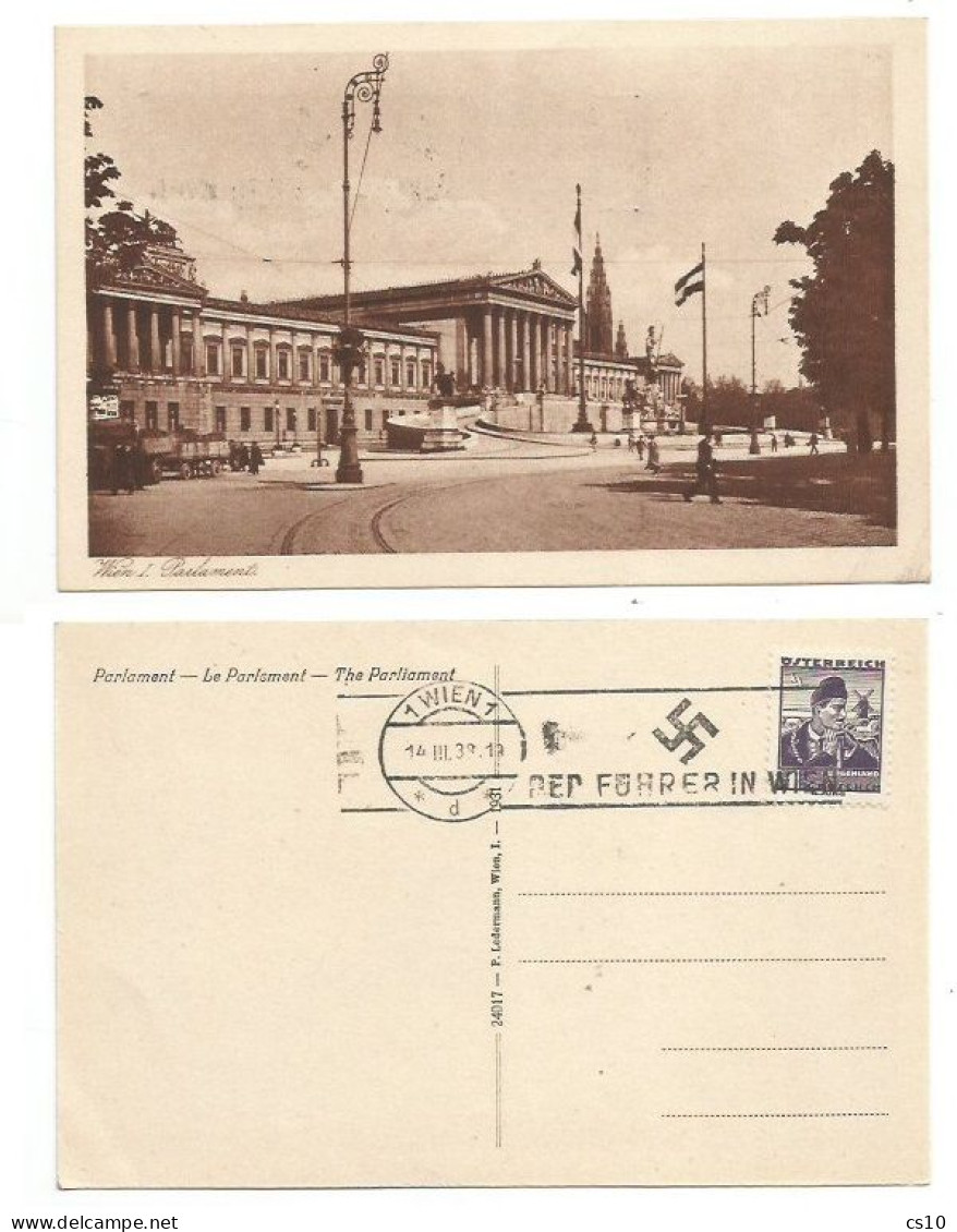 Germany Reich "Der Fuhrer In Wien" Slogan PMK 14amr1938 Pcard Parliament Bldgs By Ledermann With 1gr - Maschinenstempel (EMA)