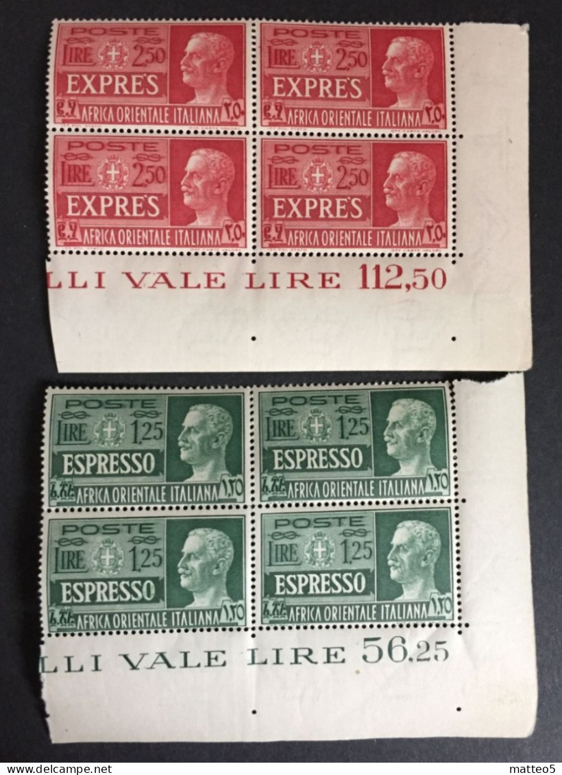 1938 - Africa Orientale Italiana - Espresso  Lire 1,25 + Lire 2,50 - Nuovo - Due Quartine - A1 - Italiaans Oost-Afrika