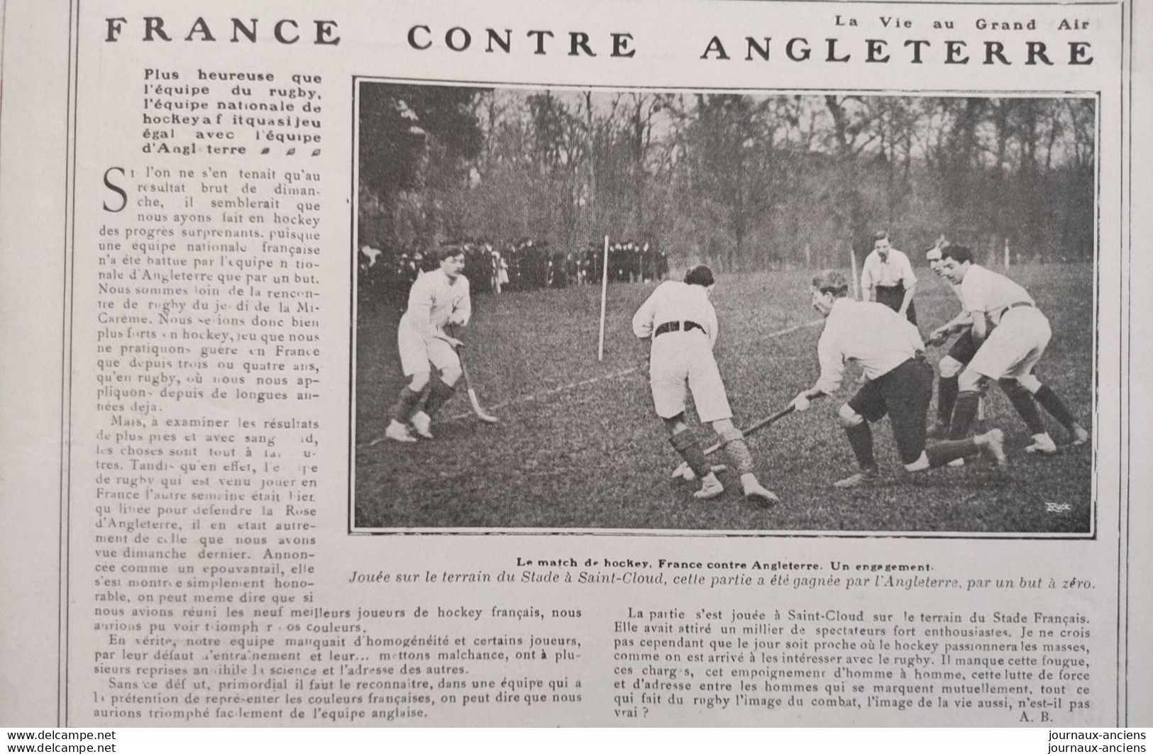 1906 HOCKEY SUR GAZON - FRANCE Contre ANGLETERRE - STADE DE SAINT CLOUD - Revue " LA VIE AU GRAND AIR " - 1900 - 1949