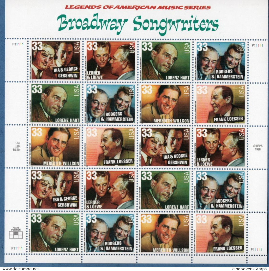 USA 1999 Broadway Songwriters Sheet MNH Gershwin, Lerner & Loewe, Lorenz Hart, Rodgers & Hammerstein, Willson, Loeser - Musique