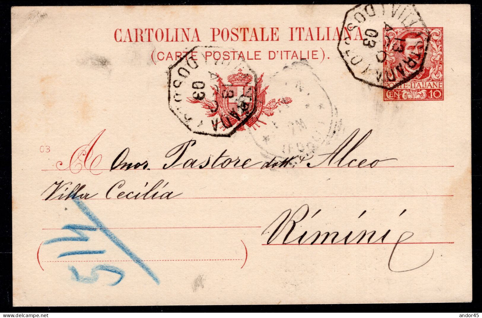 1903 13 AGO  C.10 SASS.C30-IDEM 03  "FLOREALE"USATO SU CARTOLINA POSTALE  X RIMINI  MOLTO BELLA - Storia Postale
