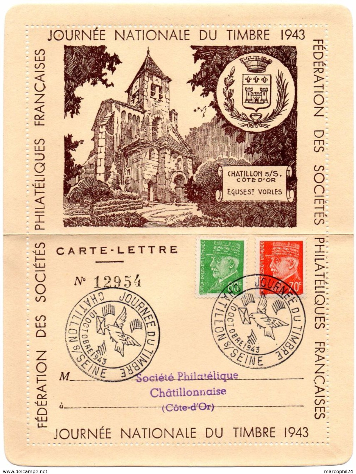 OISEAU / COLOMBE = 21 CHATILLON / SEINE 1943 = CACHET Temporaire Illustré ' Journée Du Timbre '  CARTE LETTRE ENTIERE - Stamp's Day