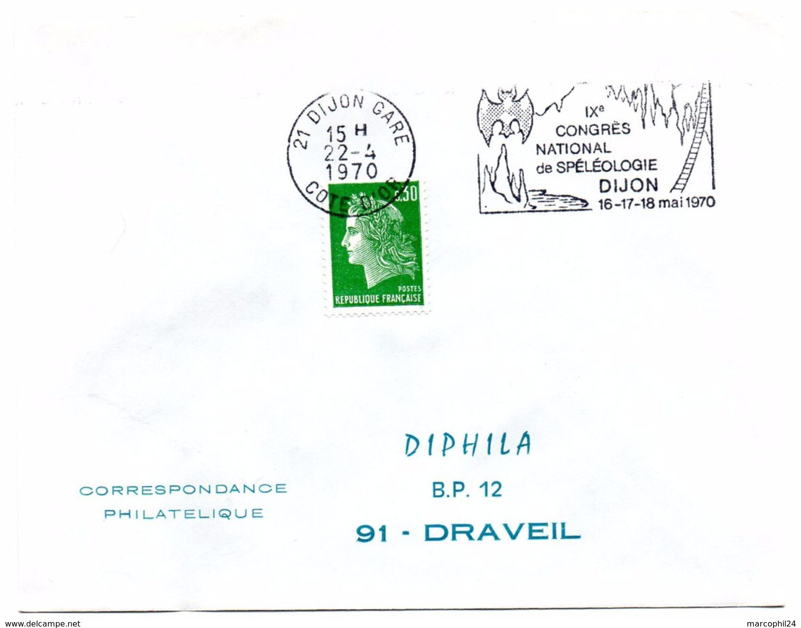 OISEAU / CHAUVE-SOURIS = 21 DIJON 1970 = FLAMME à DROITE = SECAP Illustrée 'CONGRES SPELEOLOGIE' - Mechanical Postmarks (Advertisement)