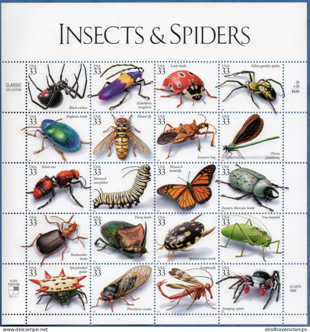 USA 1999 Insects & Spiders Sheet MNH Black Widow, Longhorn, Spotted Lady Beetle, Yellowjacket Hoover Fly, Butterfly - Autres & Non Classés