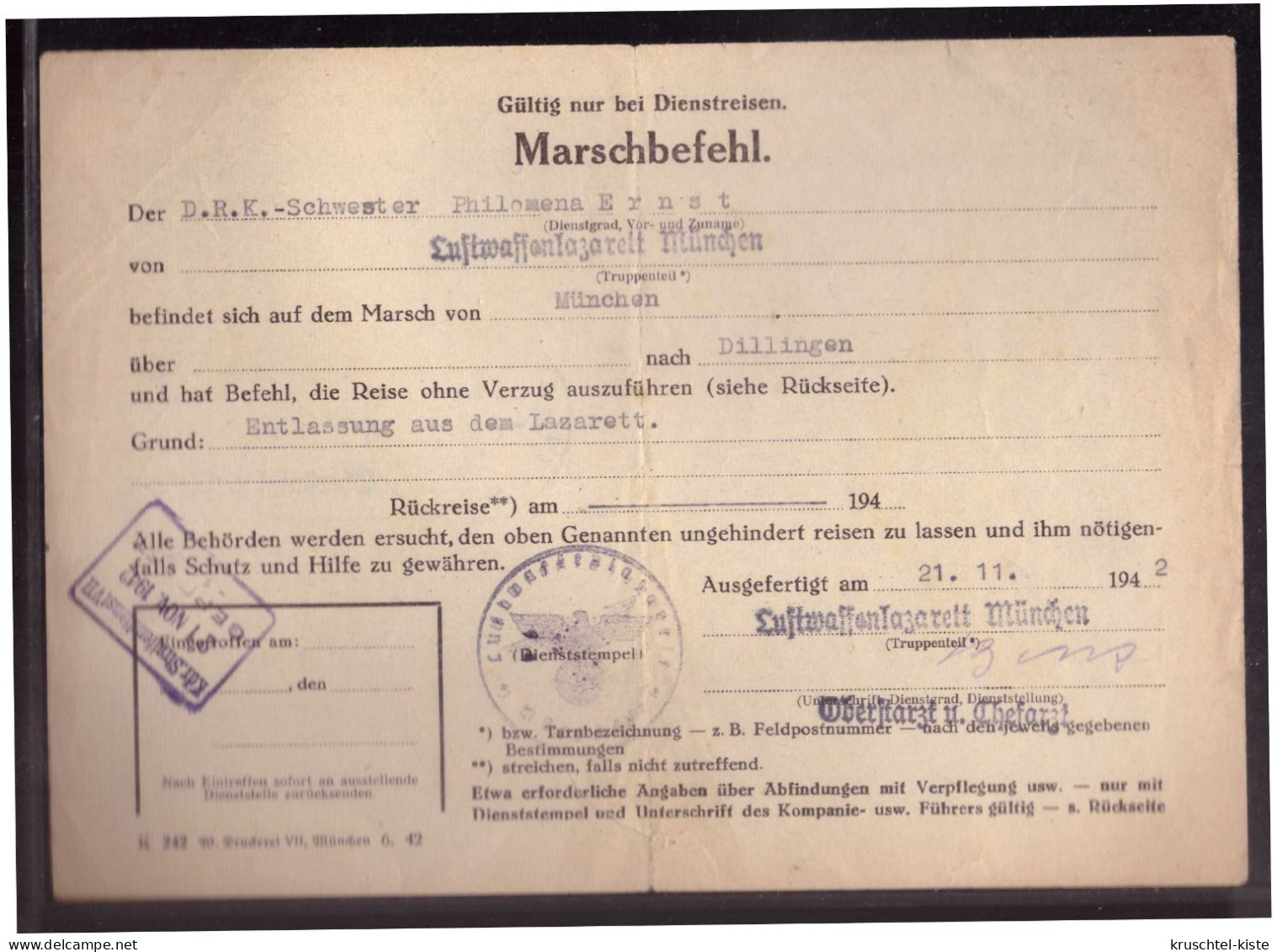 Dt Reich (024276) Marschbefehl, Luftwaffenlazarett München Nach Dillingen Mit Kontrollstempel VII Vom 21.11.1942 - Documentos Históricos