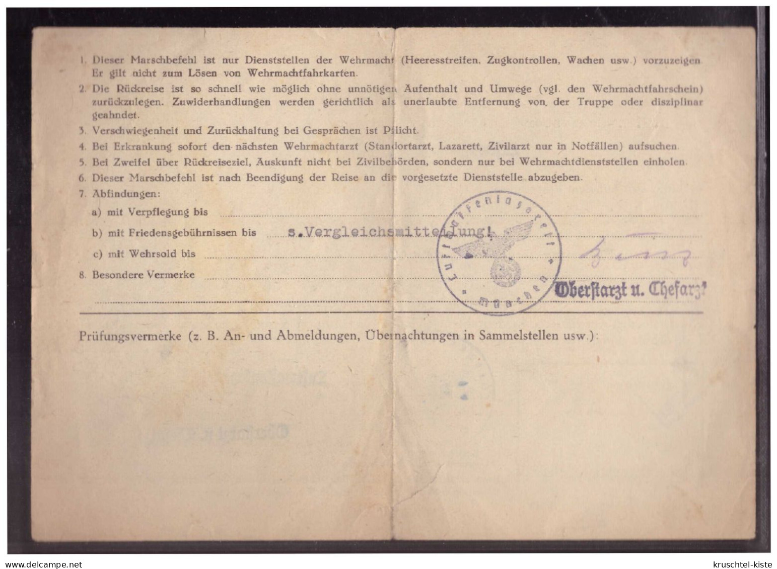Dt Reich (024276) Marschbefehl, Luftwaffenlazarett München Nach Dillingen Mit Kontrollstempel VII Vom 21.11.1942 - Historische Dokumente