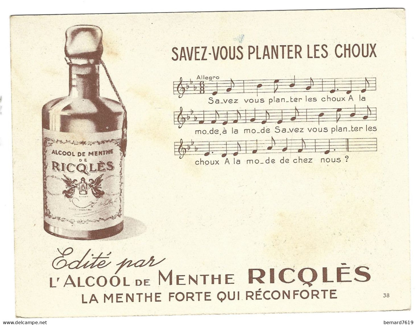 Chromo Image  -  L'alcool De Menthe Ricqles - Chanson-  D'apres H Gerbault -savez Vous Planter  Les Chouxl - Autres & Non Classés