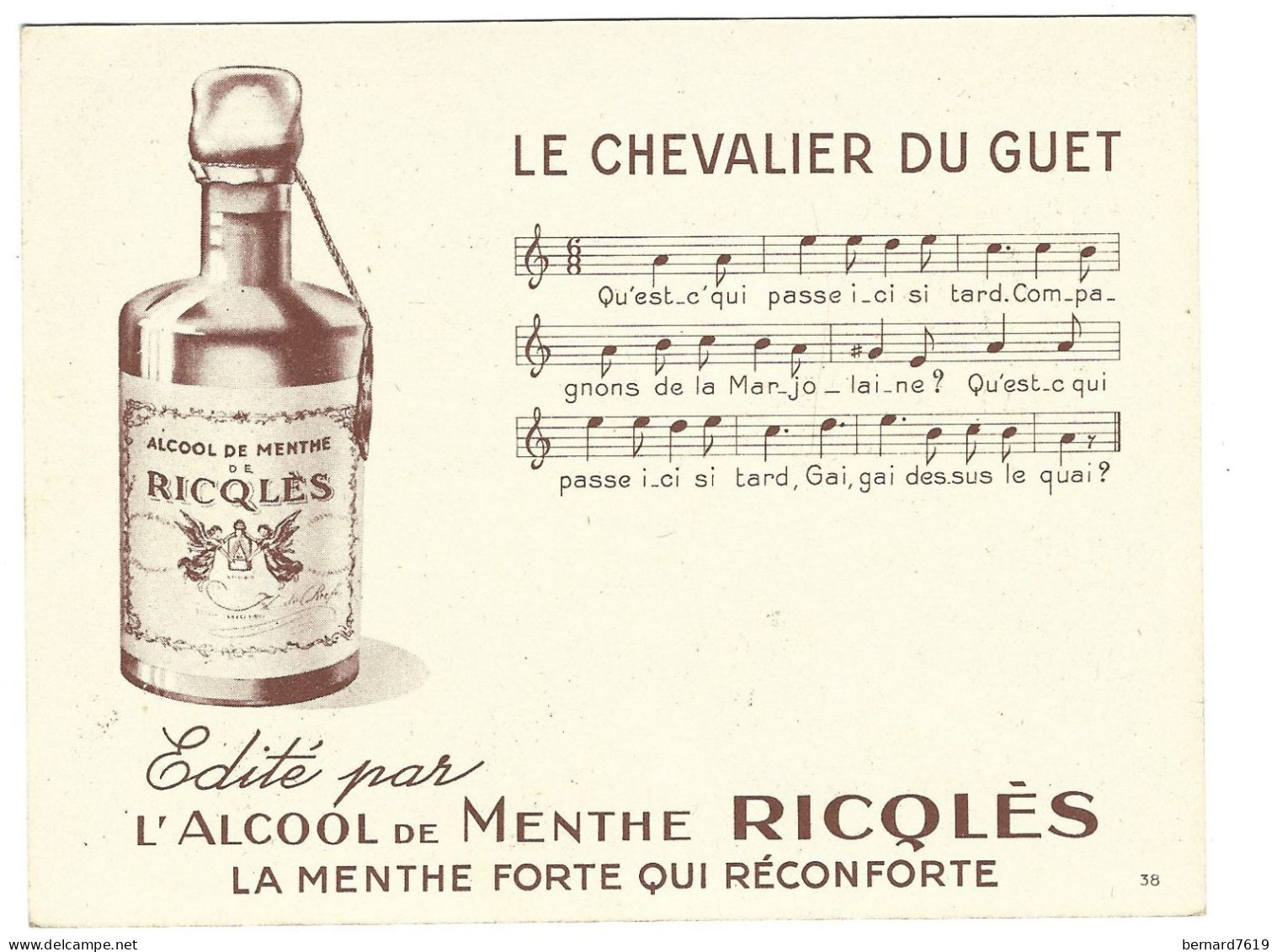 Chromo Image  -  L'alcool De Menthe Ricqles - Chanson-  D'apres H Gerbault - Le Chevalier Du Guet - Sonstige & Ohne Zuordnung