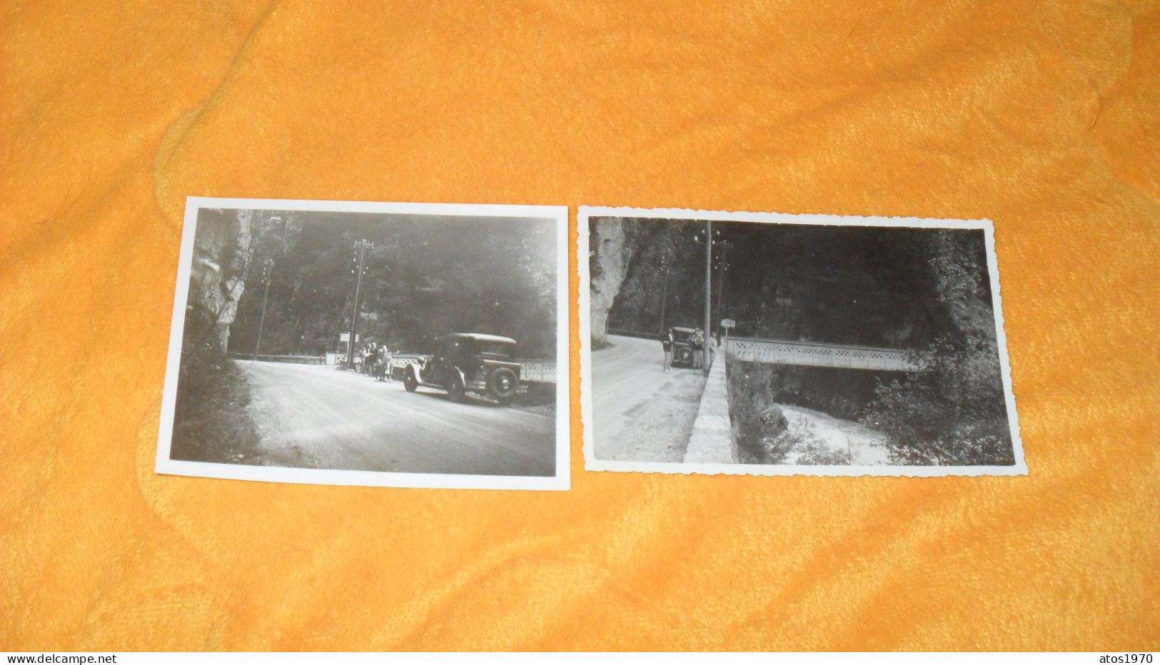 LOT 2 PHOTOS ANCIENNES DATE ?../ SCENE PAUSE VOITURE ANCIENNE GORGE ?..MONTAGNE ?.. - Lieux