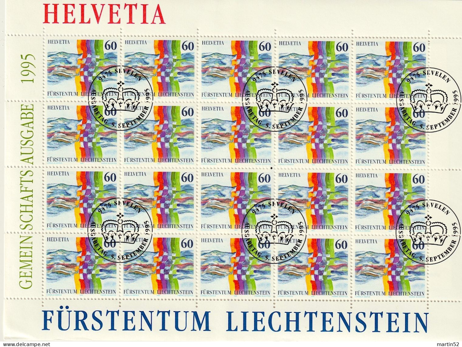 Schweiz Suisse 1995: HELVETIA / FÜRSTENTUM LIECHTENSTEIN 886 Mi 1558 Yv 1491 Mit ET-⊙ SEVELEN (Zumstein CHF 15.00) - Joint Issues