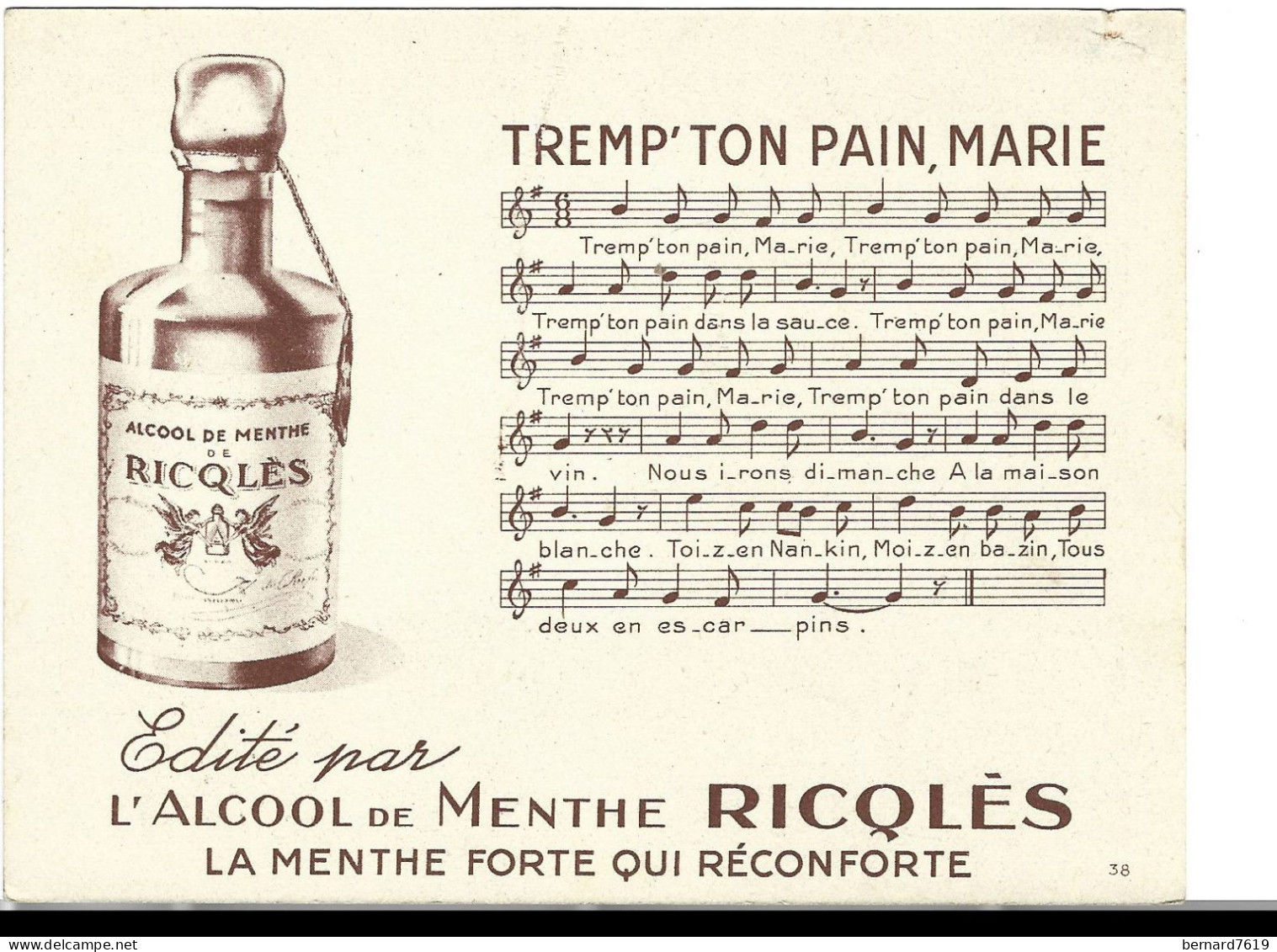 Chromo Image  -  L'alcool De Menthe Ricqles - Chanson-  D'apres H Gerbault -   Trempe Ton Pain ,marie - Sonstige & Ohne Zuordnung