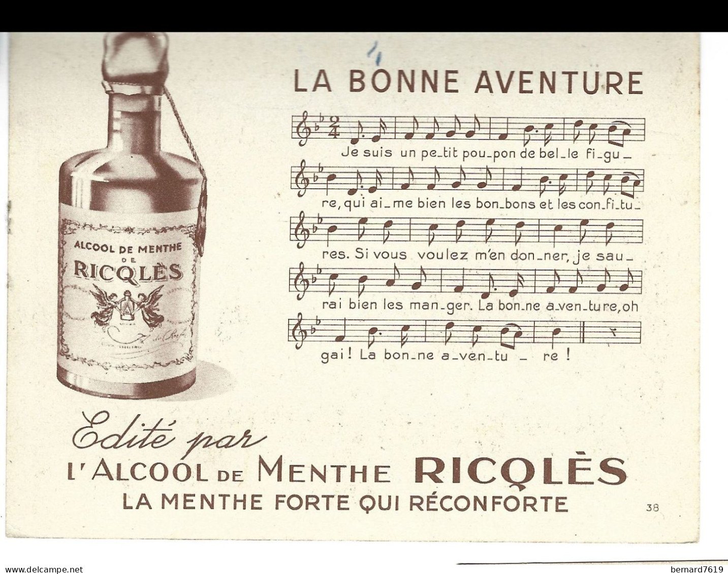 Chromo Image  -  L'alcool De Menthe Ricqles - Chanson-  D'apres H Gerbault - La Bonne Aventure, O Gue - Sonstige & Ohne Zuordnung