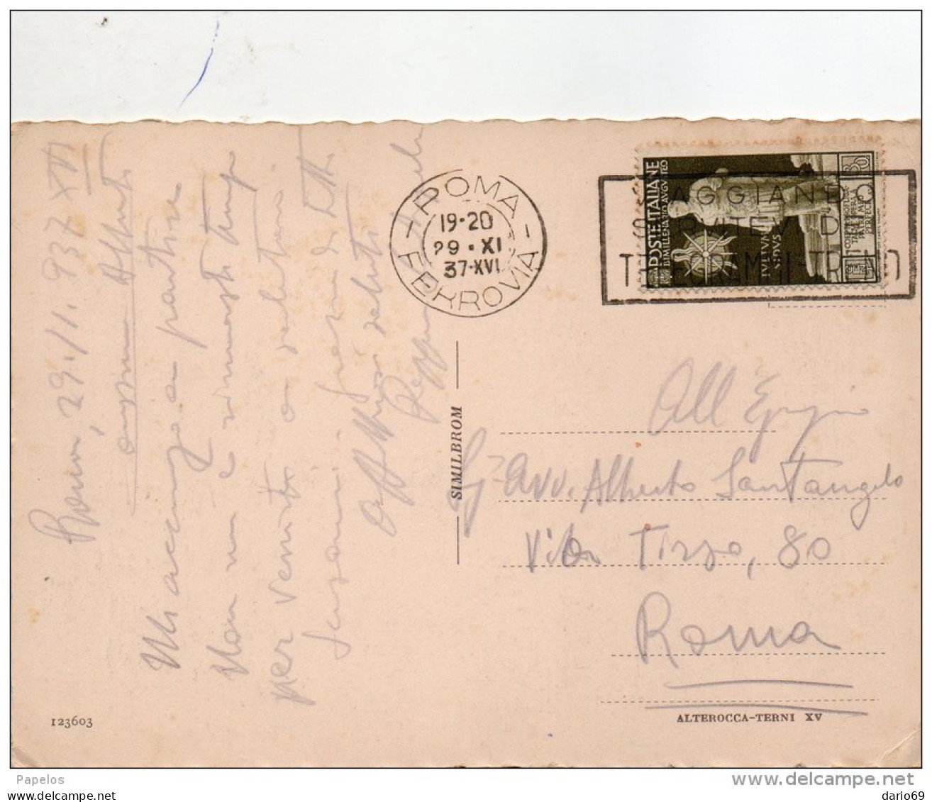 1937  CARTOLINA    CON ANNULLO ROMA - Storia Postale