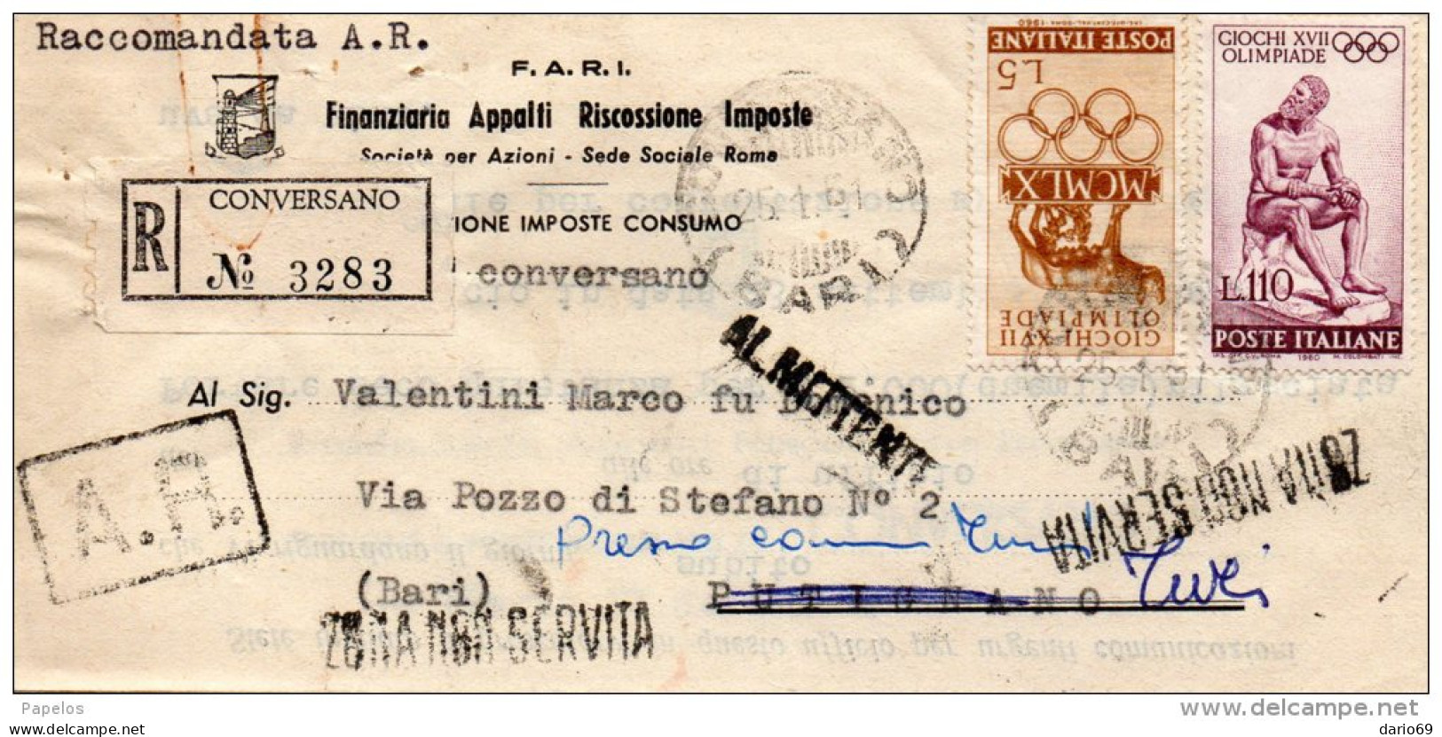 1961  LETTERA   CON ANNULLO CONVERSANO  BARI - 1961-70: Storia Postale
