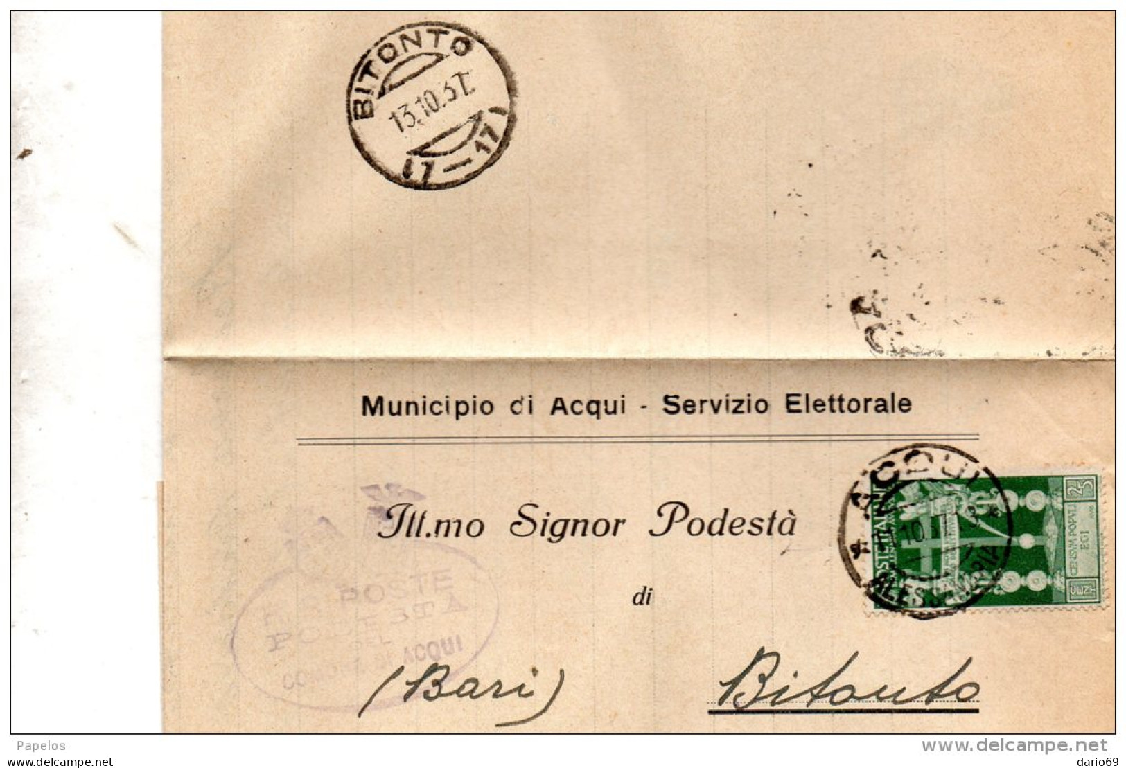 1937  LETTERA    CON ANNULLO ACQUI ALESSANDRA + BITONTO - Storia Postale