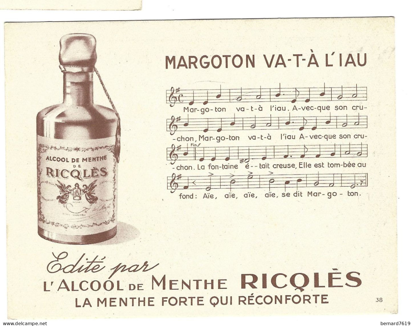 Chromo Image  -  L'alcool De Menthe Ricqles - Chanson-  D'apres H Gerbault - Margoton Va  T-a L'iau - Sonstige & Ohne Zuordnung