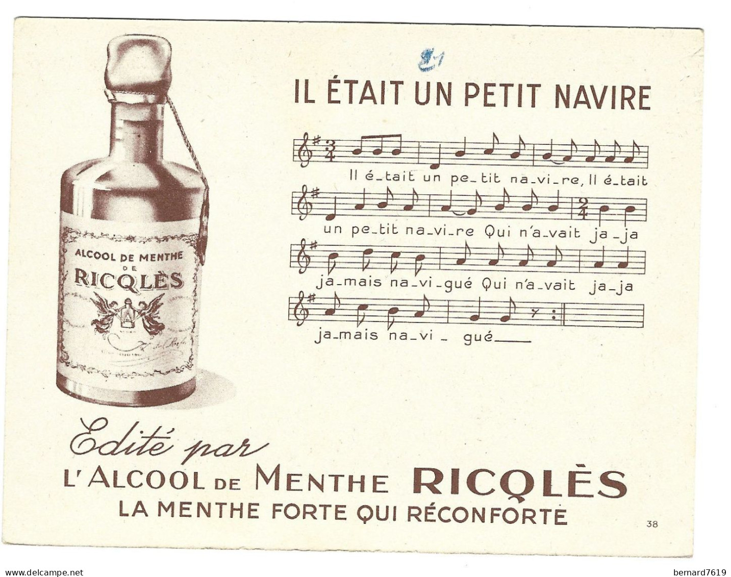 Chromo Image  -  L'alcool De Menthe Ricqles - Chanson-  D'apres H Gerbault - Il Etait Un Petit Navire - Sonstige & Ohne Zuordnung